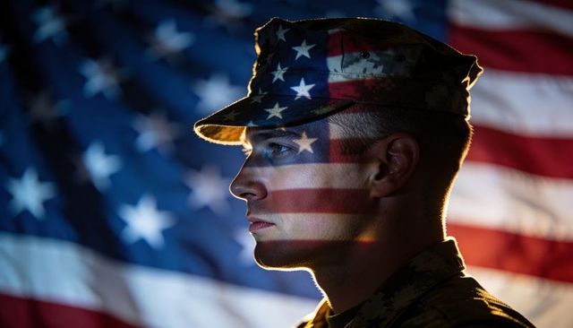 Standing us soldier wearing camo cap with american flag projection, patriotic portrait