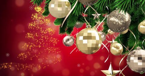 Festive Christmas Tree with Gold Baubles on Red Background - Download Free Stock Images Pikwizard.com