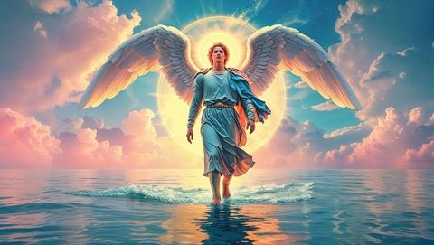 Angelic Figure Walking Across Serene Ocean with Glowing Halo