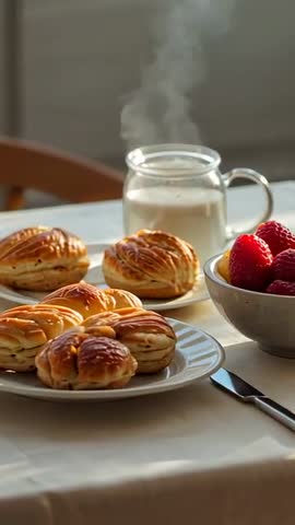 Vertical breakfast video capturing steaming milk pitcher, golden pastries and fresh berries