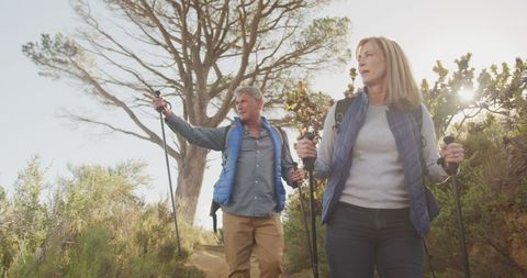 Senior Couple Hiking with Trekking Poles in Sunny Countryside - Download Free Stock Images Pikwizard.com