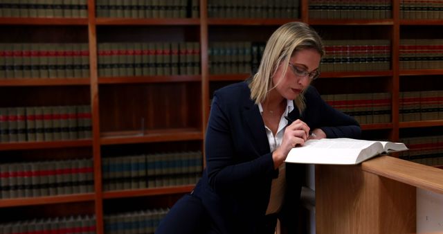 A Caucasian middle-aged female lawyer is researching legal books in a library, with copy space - Download Free Stock Photos Pikwizard.com