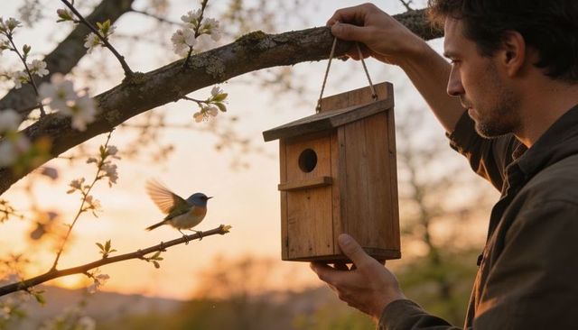 Man hanging wooden birdhouse on blossoming branch at sunset with songbird landing