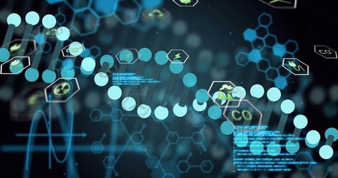 Digital DNA Helix Visualizing Renewable Energy, CO2 Cut and Futuristic Hexagonal Network