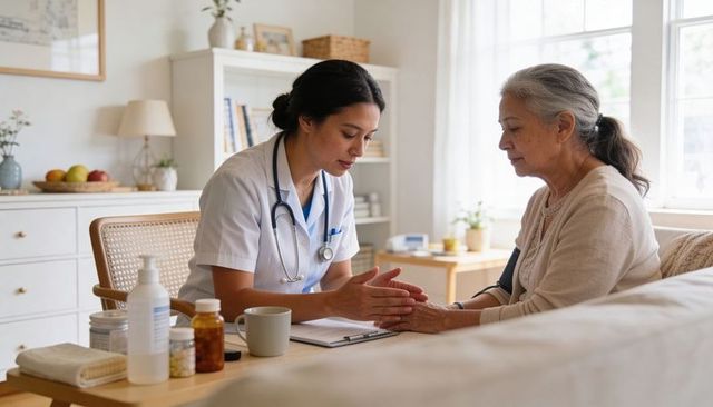 Home nurse checking blood pressure and providing compassionate senior care in sunlit home