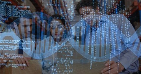 Researchers analyzing data with dna helix and code overlay