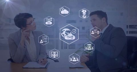Colleagues Discussing Innovative Business Solutions with Digital Overlays - Download Free Stock Images Pikwizard.com