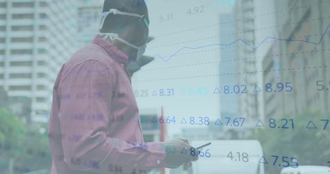 Digital Finance Overlay on Man with Mask Using Smartphone