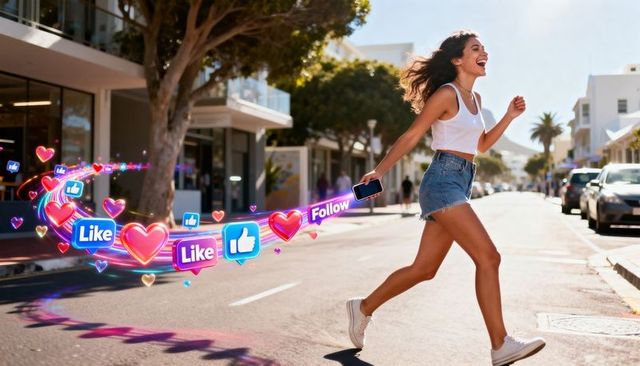 Young woman influencer walking sunny coastal street amid floating social media reactions