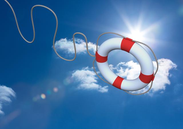 Lifebuoy floating in a bright blue sky with sunlight and clouds. Ideal for concepts of safety, rescue, and emergency preparedness. Suitable for use in maritime safety campaigns, summer vacation promotions, and outdoor adventure advertisements.