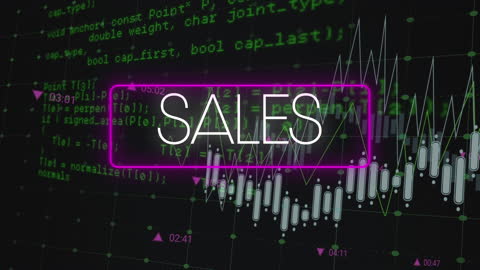 Neon Sales Banner Over Data Processing Graphics