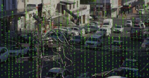 Utility pole with binary overlay in urban environment