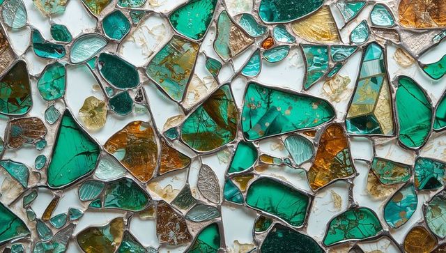 Colorful glass mosaic art with green and amber shards