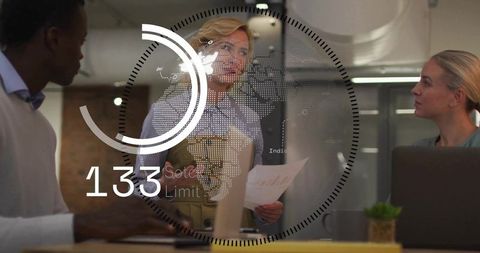 Blonde woman presenting data to team in modern glass boardroom with digital HUD overlay