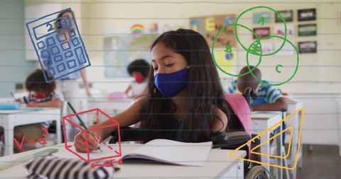 Girl in mask studying with overlay of educational icons