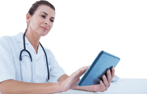 Confident Female Doctor Using Transparent Digital Tablet at Desk - Download Free Stock Videos Pikwizard.com