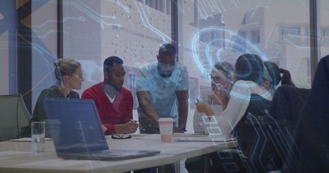 Diverse Team Brainstorming in High-Tech Office Environment