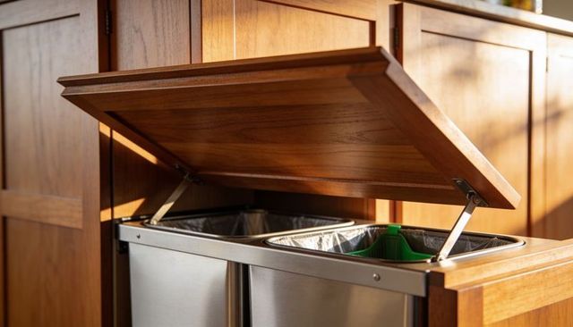 Built-in kitchen recycling cabinet with upward opening wooden lid and dual stainless bins