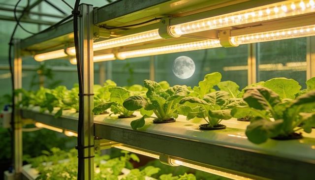 Led-lit hydroponic lettuce growing on vertical racks under warm grow lights