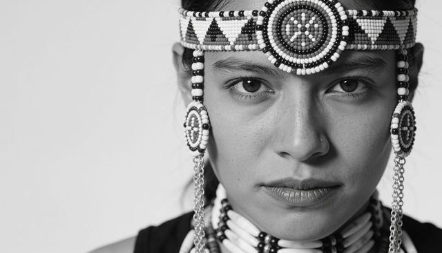 Close-up native woman wearing beaded headband and choker showing strong gaze monochrome portrait