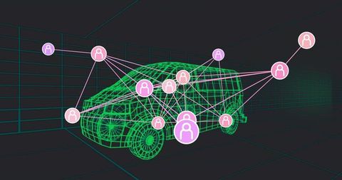 Futuristic Wireframe Minivan with Digital Connectivity Network