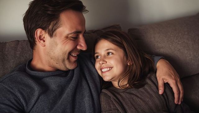 Father and daughter sharing cozy evening on sofa, smiling and embracing