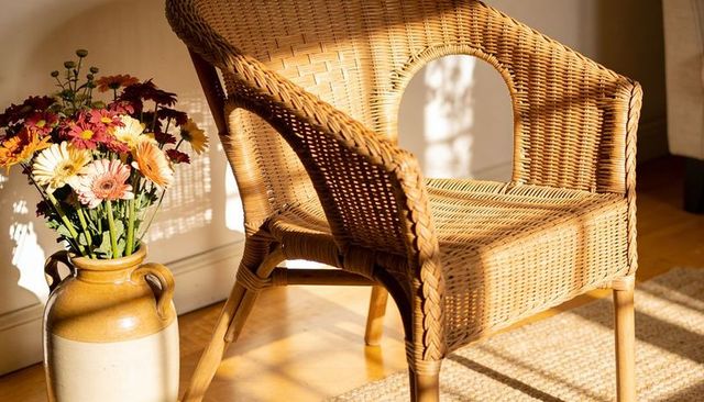 Rattan armchair basking in warm sunlight with daisy bouquet and ceramic crock