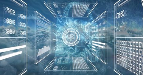 Digital interface with data over cloudy sky