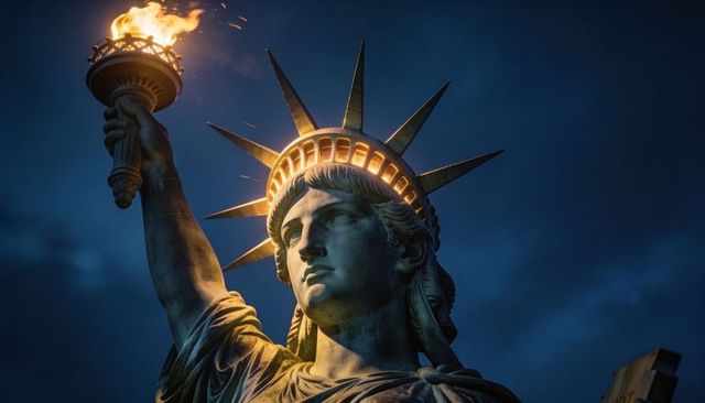 Statue of liberty night closeup torch ablaze crown halo lighting dramatic monument
