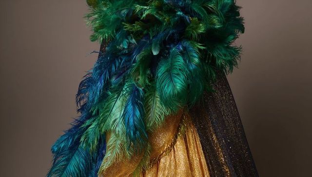Showcasing opulent feathered couture with iridescent green-blue plumes and gold-lame fabric