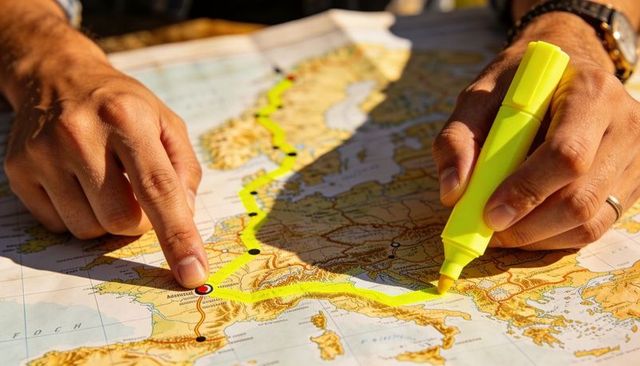Hands tracing European travel route with yellow highlighter on vintage atlas map
