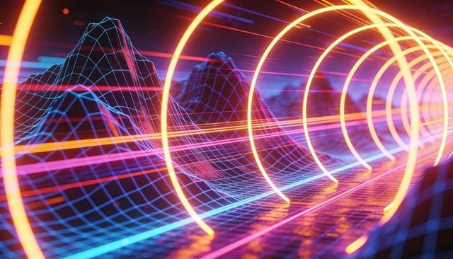 Retrofuturistic neon tunnel with concentric rings, wireframe mountains and motion trails