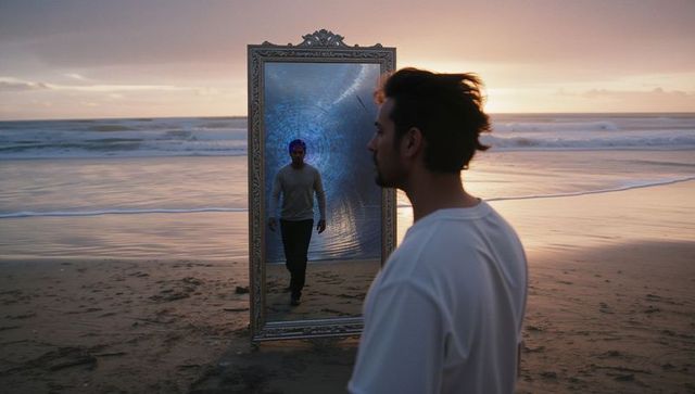 Man Gazing into Mystical Mirror at Sunset Beach