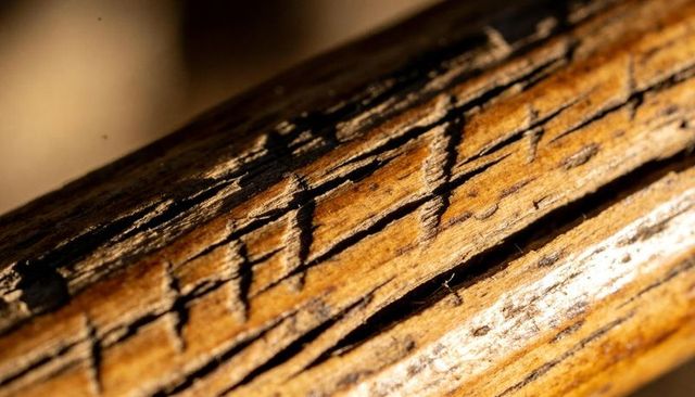 Weathered wooden handle showing carved gouges and dark grain texture with burn marks