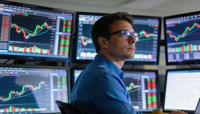 Trader monitoring six monitors with candlestick charts, analyzing real-time market trends