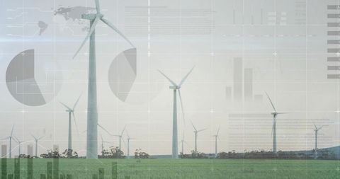 Wind turbines in rural wind farm with data visualization overlay