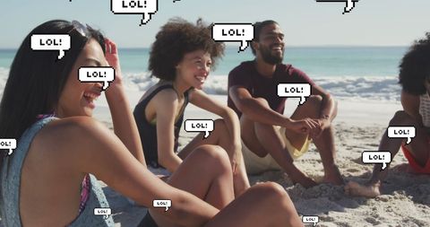 Friends Laughing at Beach with Social Media Speech Bubbles - Download Free Stock Images Pikwizard.com