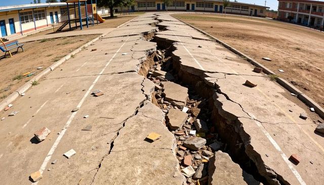 School courtyard walkway splitting into deep fissure exposing rubble and broken concrete