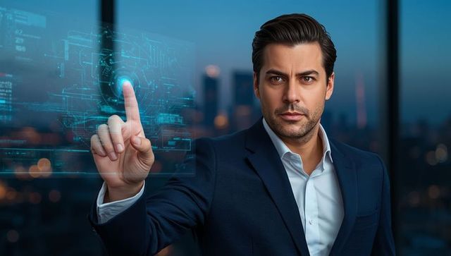 Businessman Interacting with Futuristic Holographic Display in Office