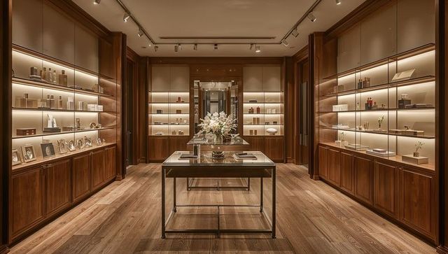 Luxury boutique showroom featuring walnut shelving and central display table