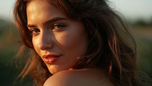 Gazing over shoulder during golden hour, woman basking in warm light with freckles
