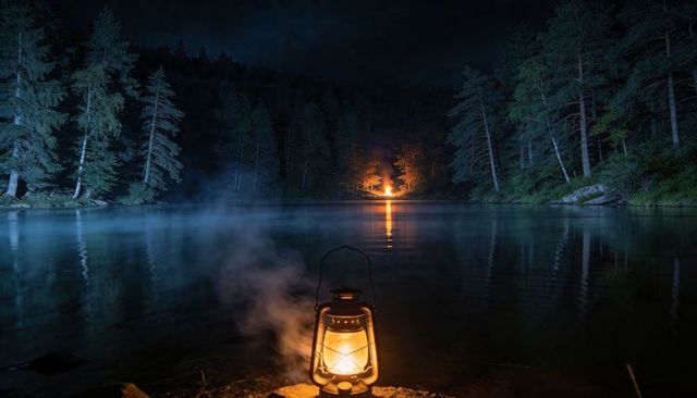 Glowing lantern and distant campfire reflecting on misty forest lake at night