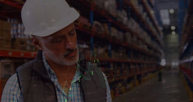 Image of data processing and world map over man in warehouse. global shipping, business and finance concept digitally generated image.