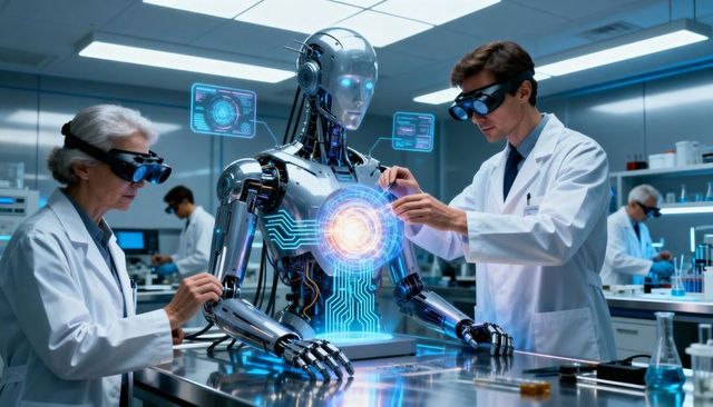 Scientists calibrating humanoid robot with holographic core, ar diagnostics in robotics lab