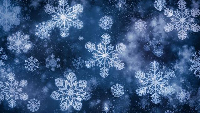 Ornate Six-Point Snowflakes Drifting Across Deep Blue Frosty Night for Holiday Design