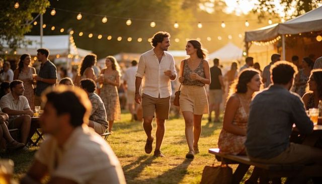 Romantic couple walking through outdoor summer festival at golden hour with drinks