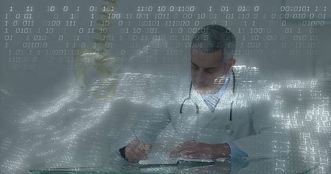 Doctor analyzing data while documenting healthcare details