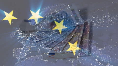 European Union Economy Symbol Overlay on Currency and Map