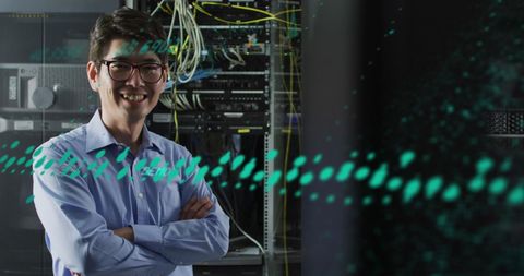 Asian IT Professional in Server Room with Digital Overlay - Download Free Stock Images Pikwizard.com