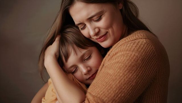 Mother embracing child in warm knit hug conveying tender bond and comfort